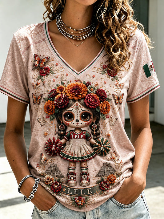 Women's Mexico Football Lover La Catrina Lele Doll Art Printed T-shirt