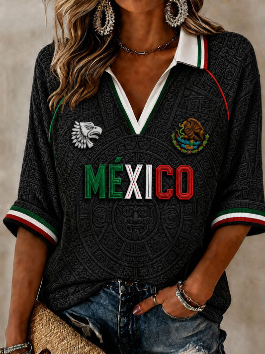 Women's Mexico Football Lover Art Mid-length Sleeves V-Neck T-Shirt