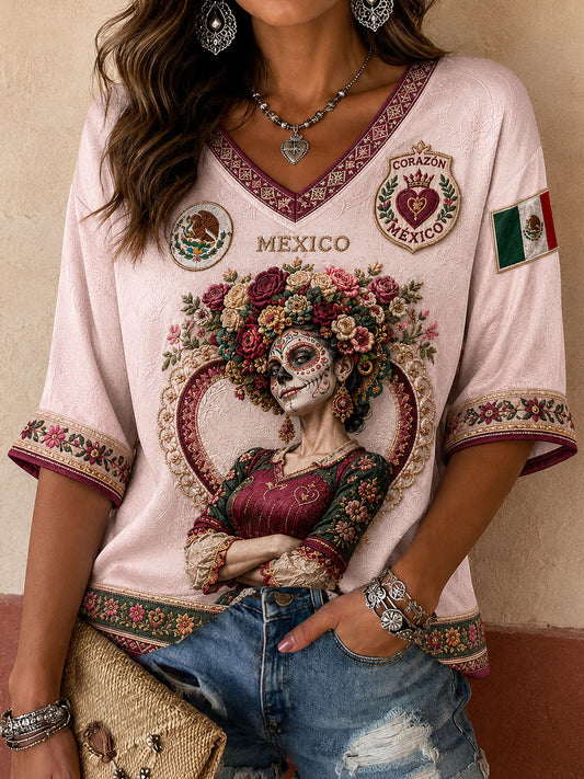 Women's Mexico Football Lover La Catrina Art Printed T-shirt