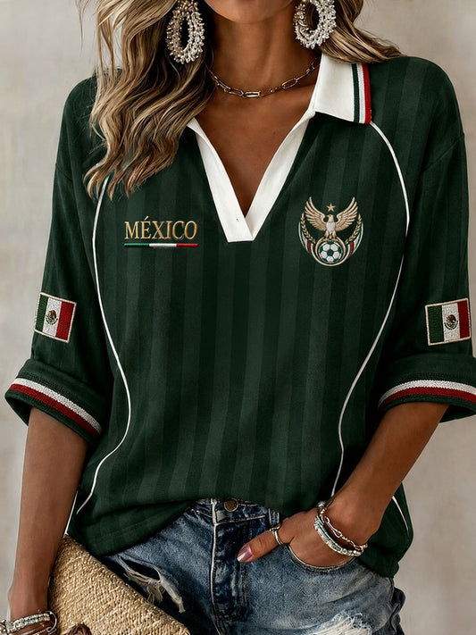 Women's Mexico Football Lover Art  Mid-length Sleeves V-Neck T-Shirt
