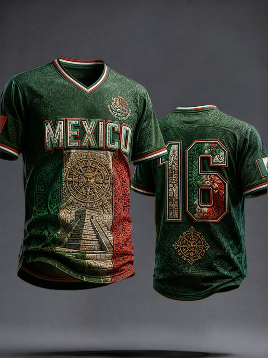 Men's Mexico Football Lover Art Printed V-neck T-shirt