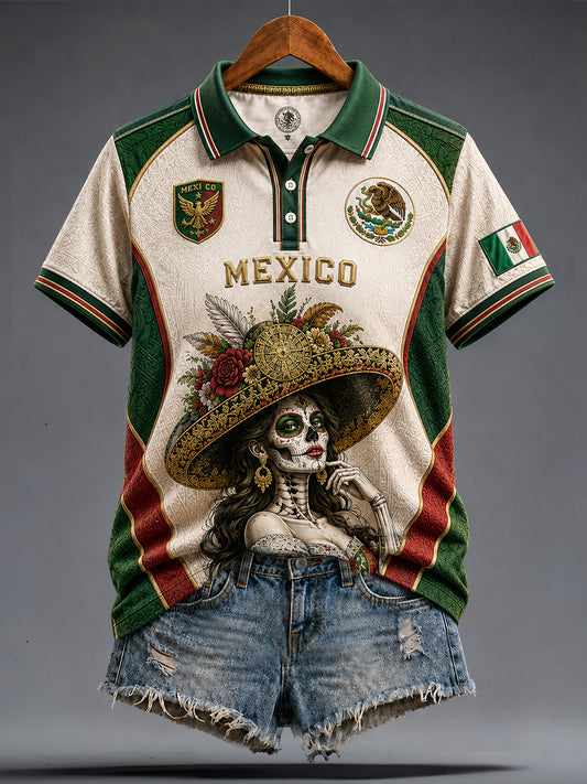 Women's Mexico Football Lover La Catrina Art Printed Casual Tops
