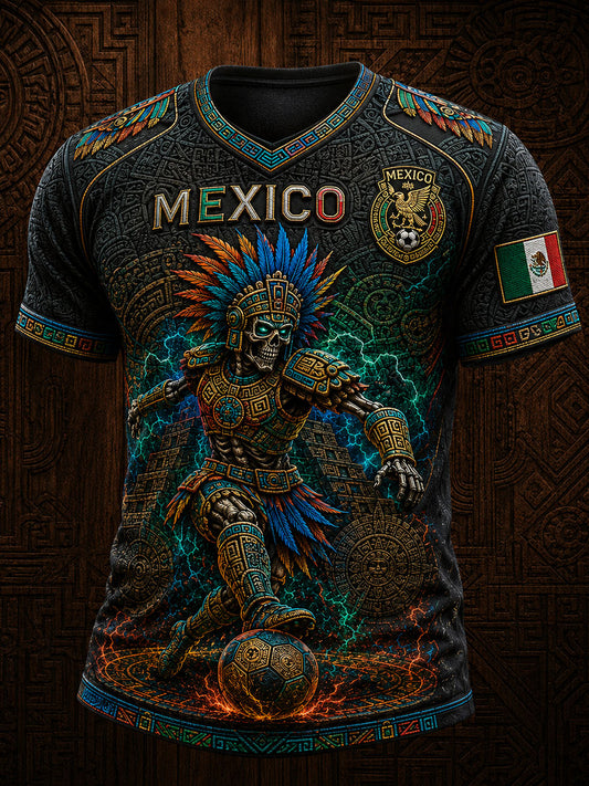 Men's Mexico Football Lover Art Printed V-neck T-shirt
