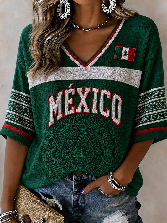 Women's Mexico Football Lover Art  Mid-length Sleeves V-Neck T-Shirt