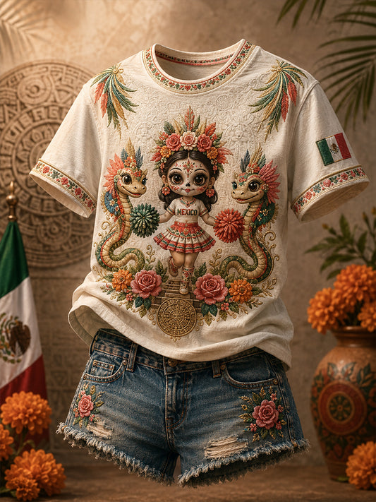 Women's Mexico Football Lover La Catrina Lele Doll Art Printed T-shirt