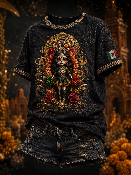 Women's Mexico Football Lover La Catrina Lele Doll Art Printed T-shirt