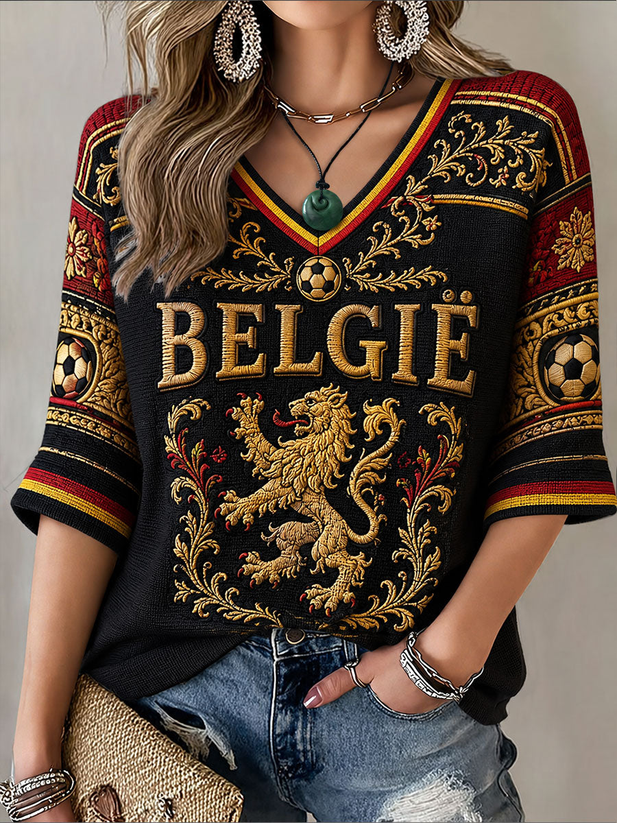 Women's Belgium Football Mid-length Sleeves V-Neck T-Shirt