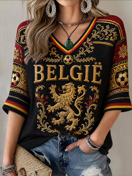 Women's Belgium Football Mid-length Sleeves V-Neck T-Shirt