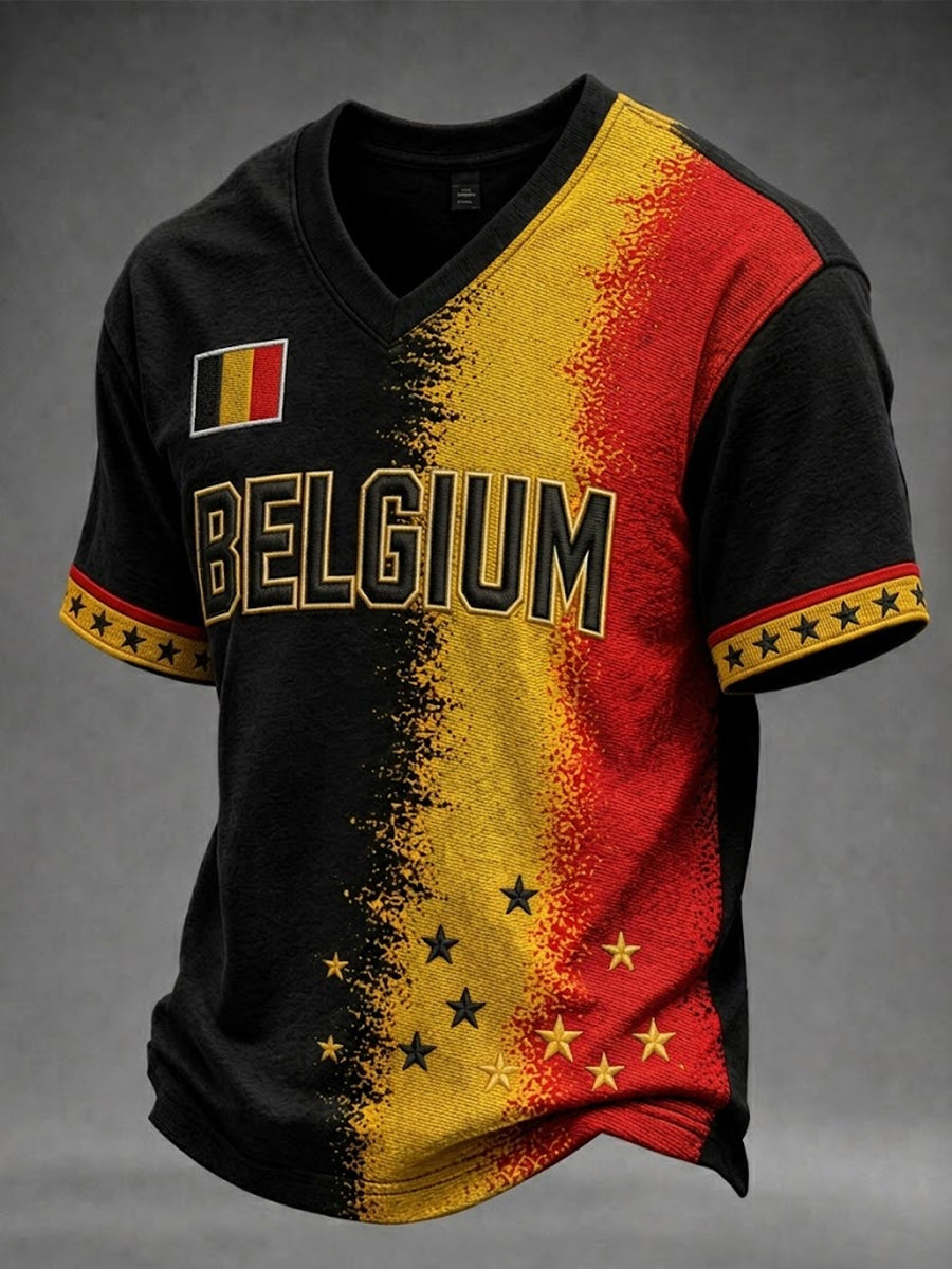 Men's Belgium Football Waffle Short Sleeve V-neck T-shirt