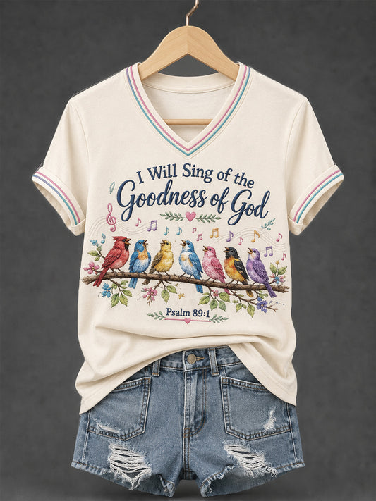 Women's I Will Sing Of The Goodness Of God Psalm 89:1 Christian Bird Print Casual V-Neck Tee
