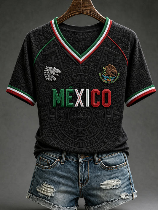 Women's Mexico Football Lover Art V-neck Off-shoulder Short Sleeve T-shirt