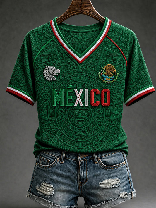 Women's Mexico Football Lover Art V-neck Off-shoulder Short Sleeve T-shirt