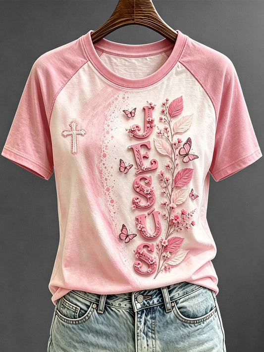 Women's Jesus & Cross Print Round Neck Short Sleeve T-shirt