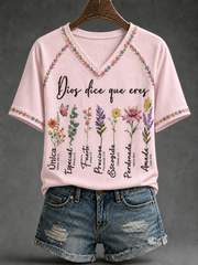 Women's Dios Dice Que Eres V-neck Off-shoulder Short-sleeved T-shirt
