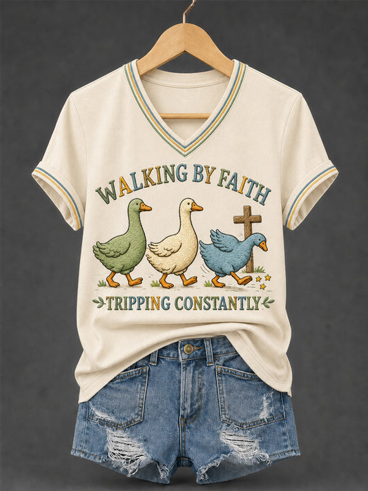 Women's Walking by Faith Tripping Constantly Goose Print Christian Inspirational V-Neck Tee