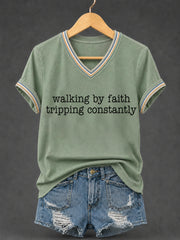 Women's Walking By Faith Tripping Constantly Print Christian Inspirational V-Neck Tee