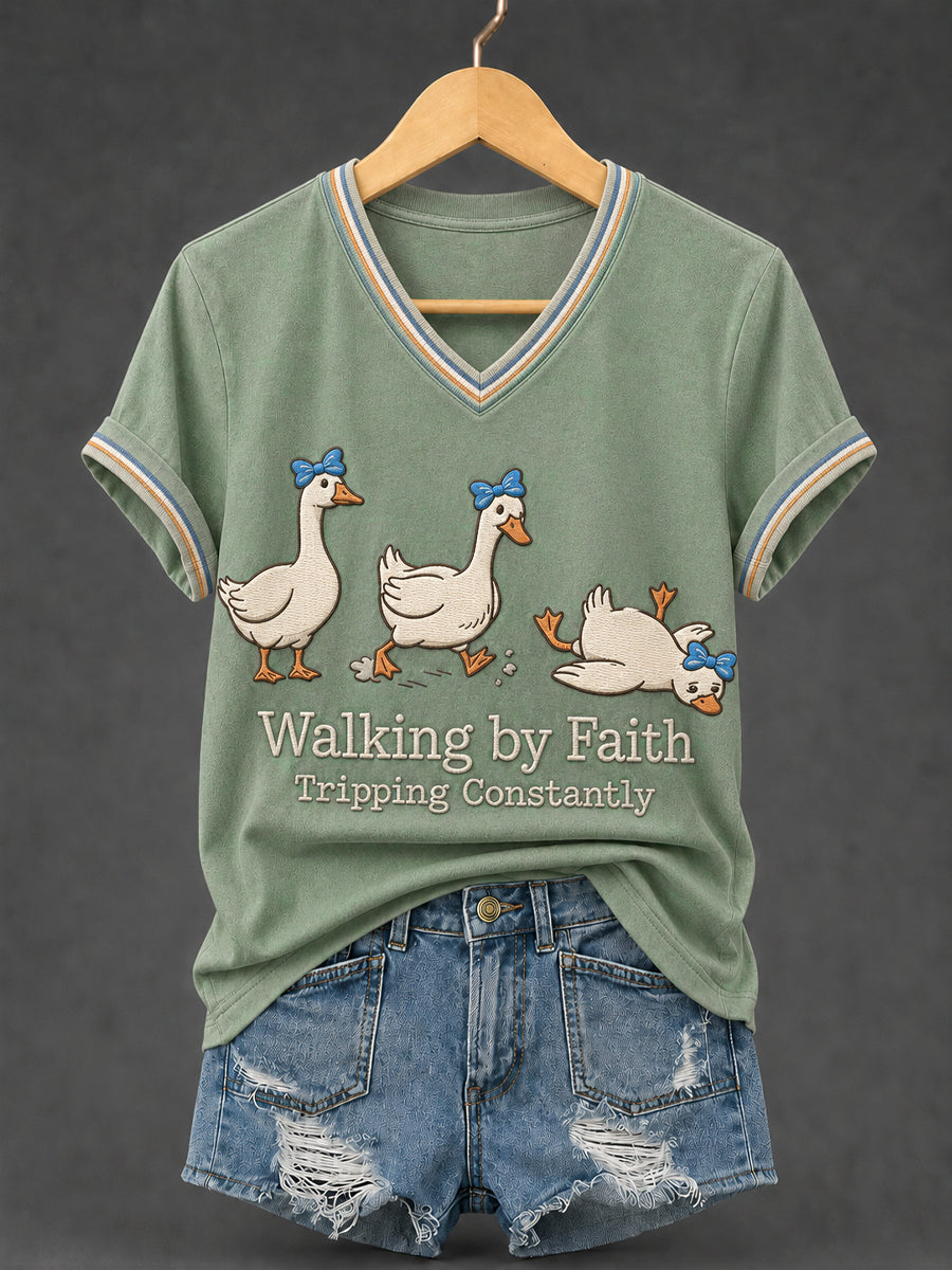 Women's Walking By Faith Tripping Constantly Goose Print Christian Inspirational V-Neck Tee