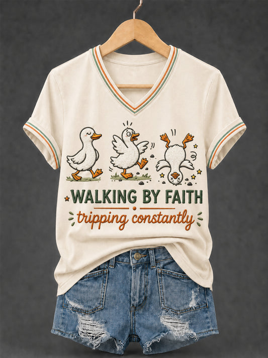 Women's Walking by Faith Tripping Constantly Goose Print Christian Inspirational V-Neck Tee