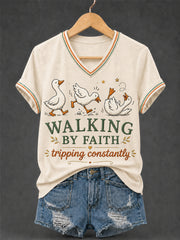 Women's Walking by Faith Tripping Constantly Goose Print Christian Inspirational V-Neck Tee