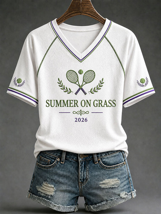 Women's Summer On Grass V-neck Off-shoulder Short-sleeved T-shirt