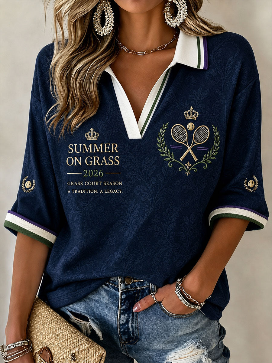 Women's Summer On Grass Mid-length Sleeves V-Neck T-Shirt