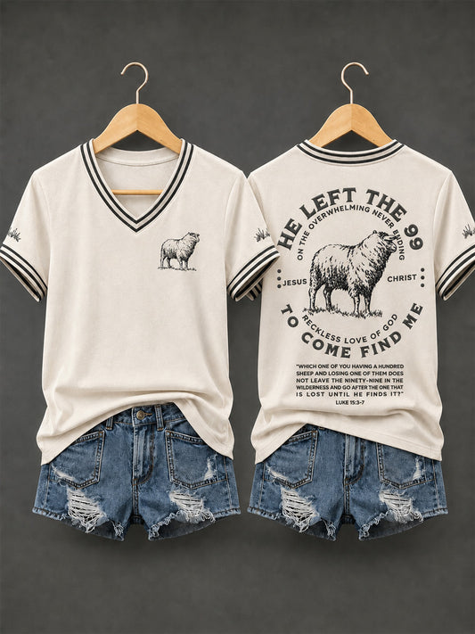 Women's Christian He Left The 99 To Find Me Print Casual V-Neck Tee