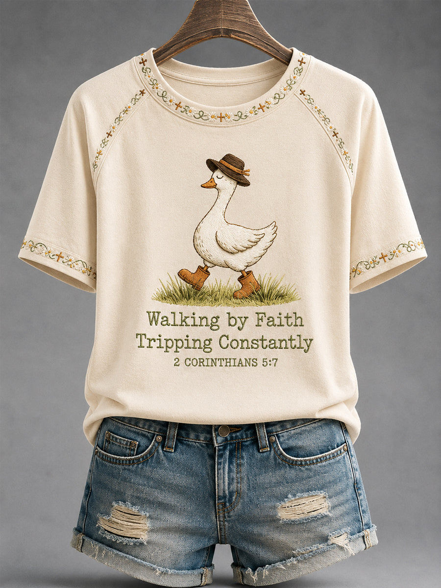 Women's Walking By Faith Tripping Constantly Goose Print Casual Christian Inspirational Tee