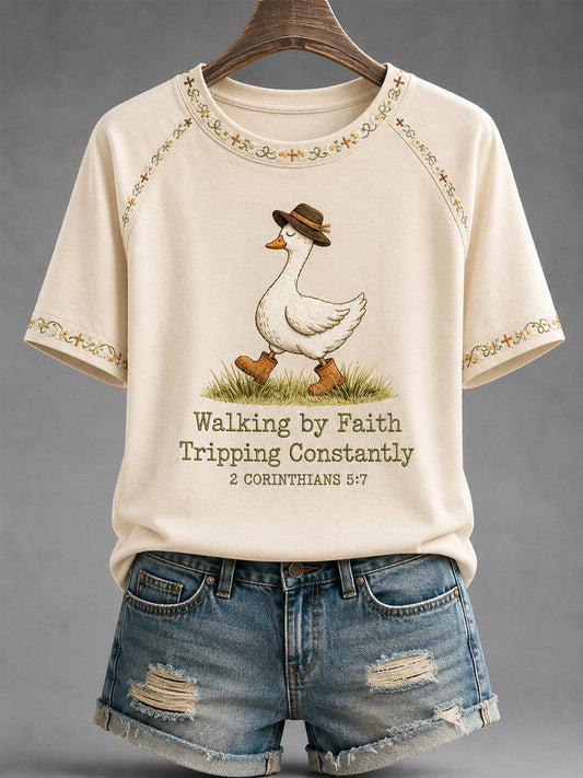Women's Walking By Faith Tripping Constantly Goose Print Casual Christian Inspirational Tee