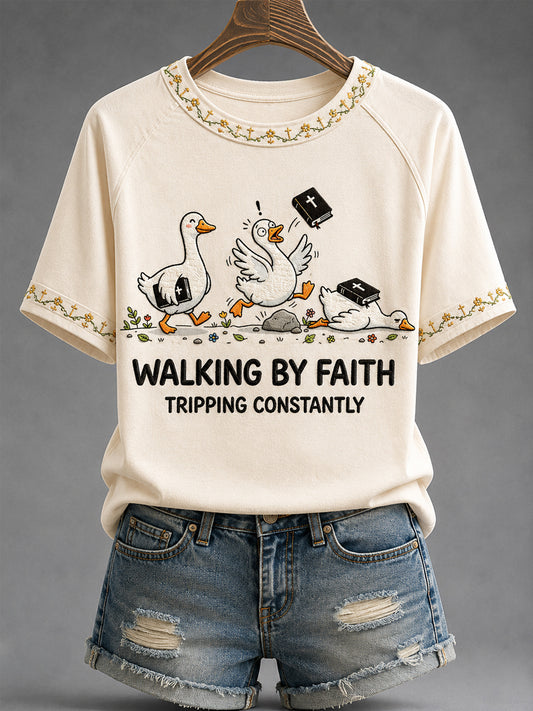 Women's Walking By Faith Tripping Constantly Goose Print Casual Christian Inspirational Tee