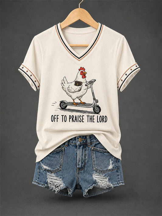 Women's Christian Off To Praise The Lord Print Casual  V-Neck Tee
