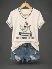 Women's Christian Off To Praise The Lord Print Casual  V-Neck Tee