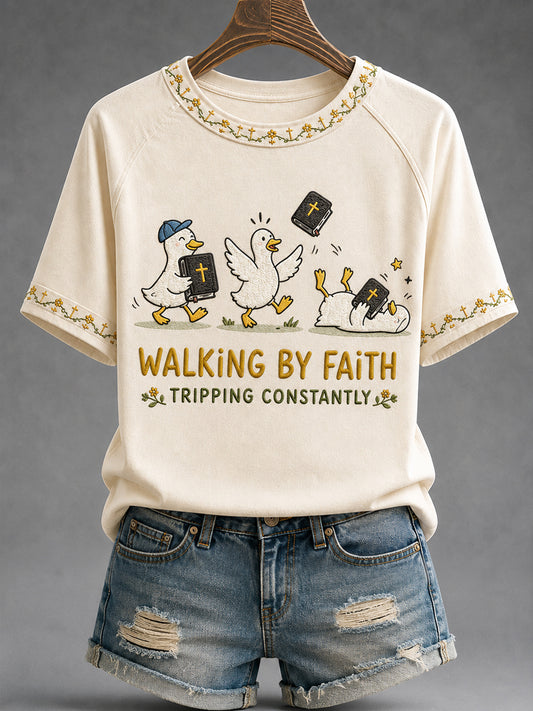 Women's Walking By Faith Tripping Constantly Goose Print Casual Christian Inspirational Tee