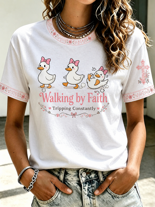 Women's Walking by faith tripping constantly short-sleeved T-shirt