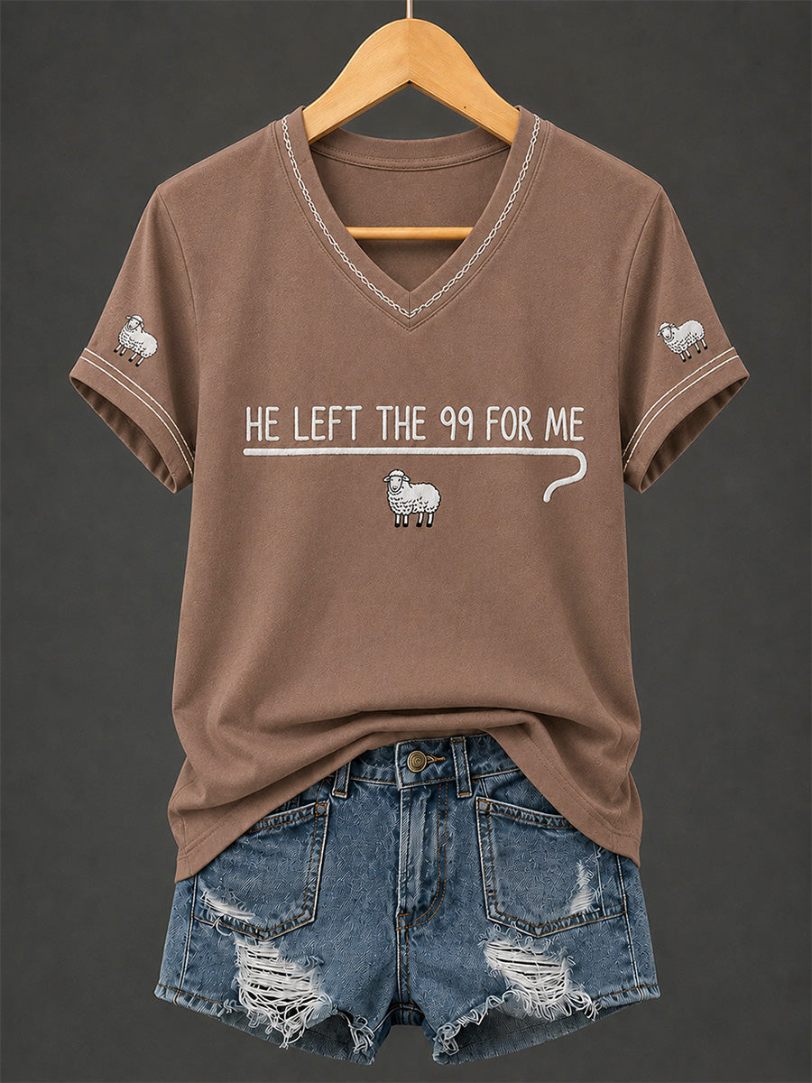Women's Christian He Left The 99 To Find Me Print Casual V-Neck Tee