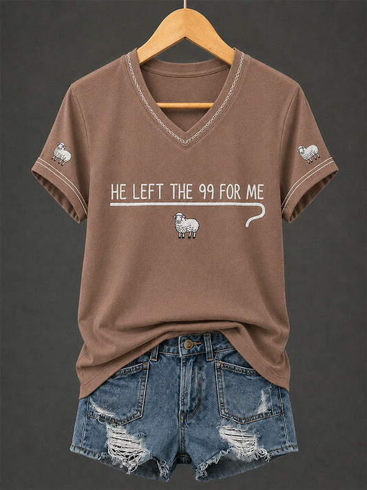 Women's Christian He Left The 99 To Find Me Print Casual V-Neck Tee