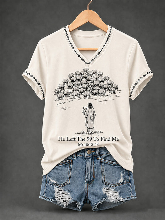 Women's Christian He Left The 99 To Find Me Print Casual V-Neck Tee