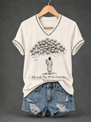 Women's Christian He Left The 99 To Find Me Print Casual V-Neck Tee