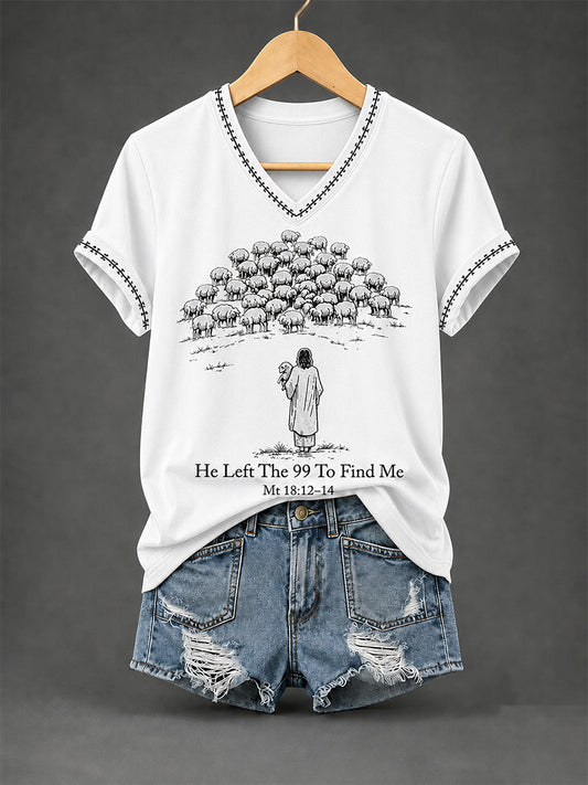 Women's Christian He Left The 99 To Find Me Print Casual V-Neck Tee