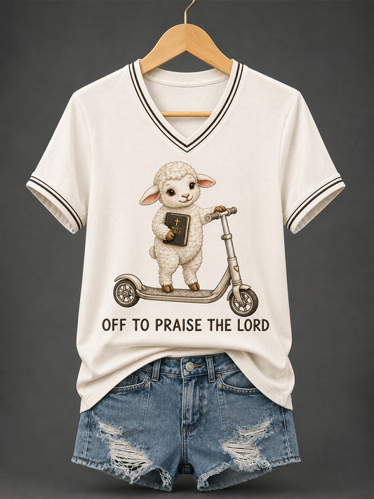 Women's Christian Off To Praise The Lord Print Casual  V-Neck Tee