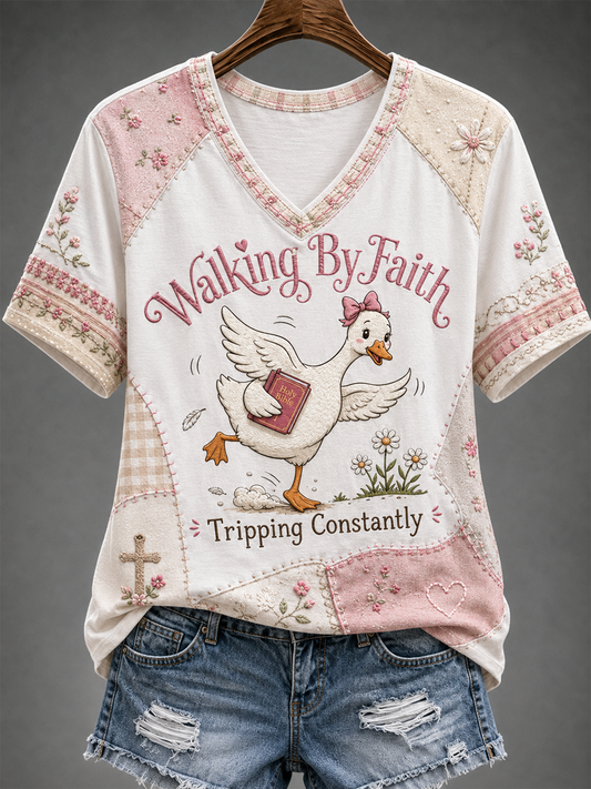 Women's Walking by faith tripping constantly short-sleeved T-shirt