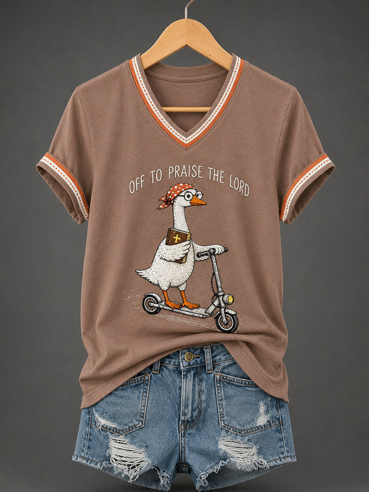 Women's Christian Off To Praise The Lord Print Casual  V-Neck Tee