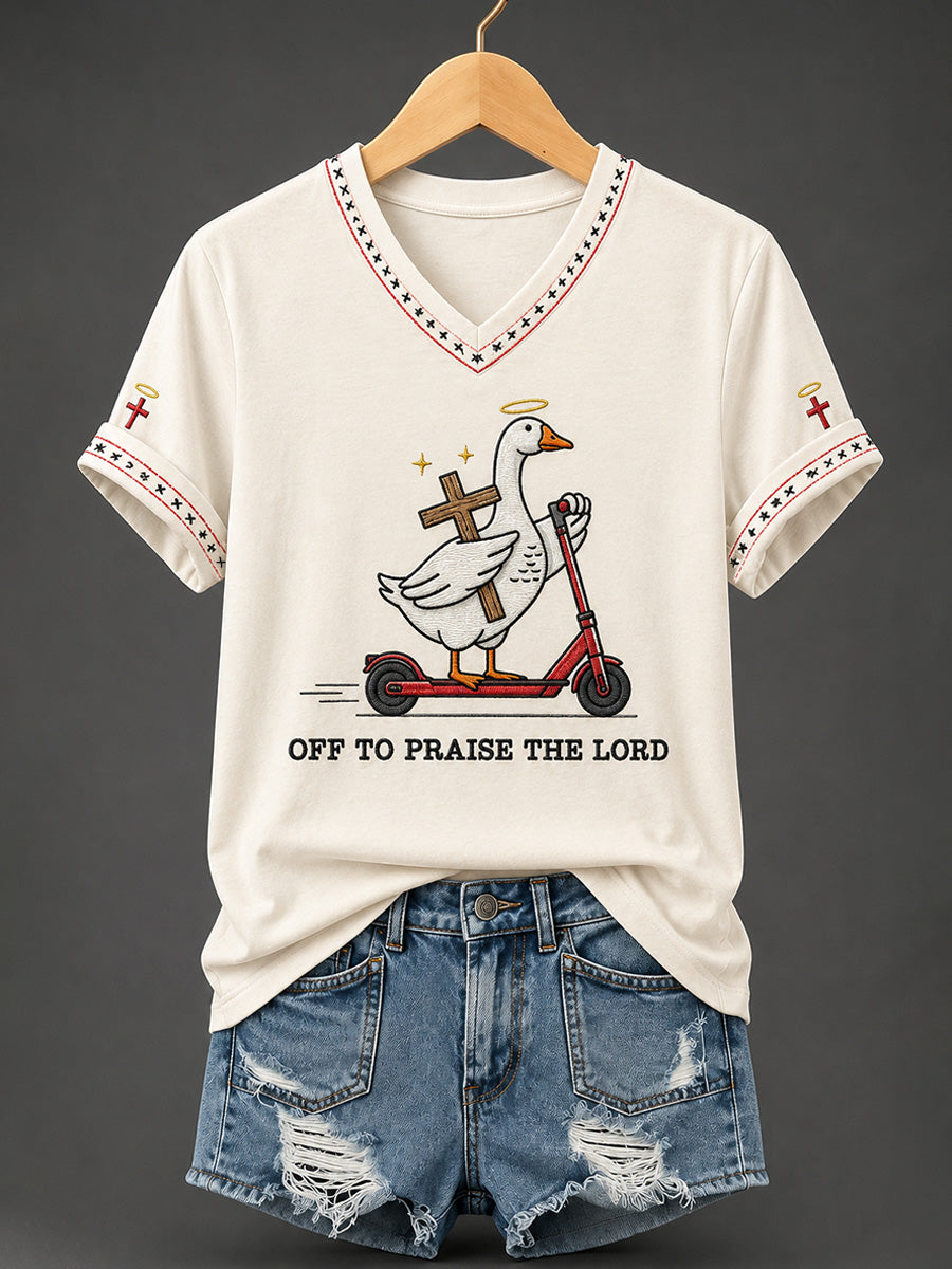 Women's Christian Off To Praise The Lord Print Casual  V-Neck Tee