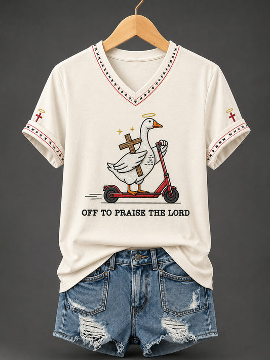 Women's Christian Off To Praise The Lord Print Casual  V-Neck Tee