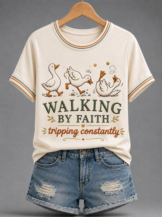 Women's Walking by Faith Tripping Constantly Goose Print Casual Christian Inspirational Tee