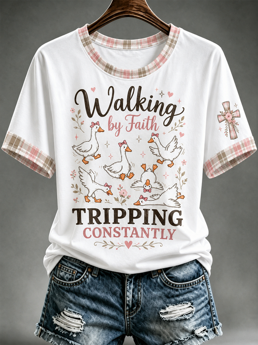 Women's Walking by faith tripping constantly short-sleeved T-shirt