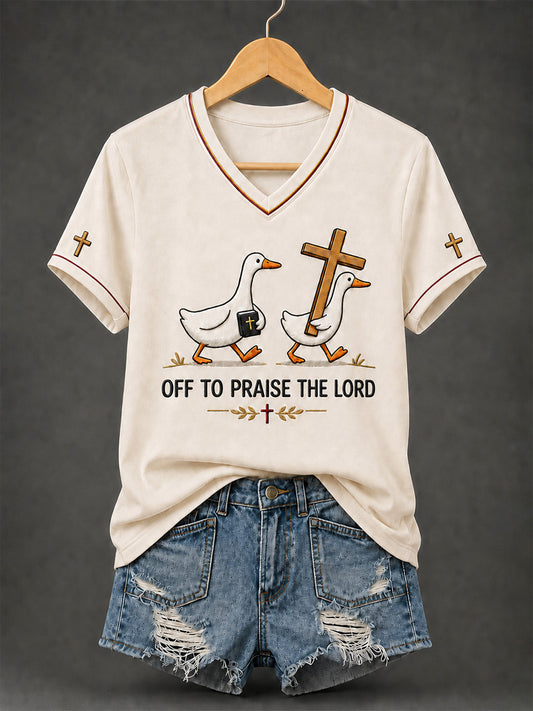 Women's Christian Off To Praise The Lord Print Casual  V-Neck Tee