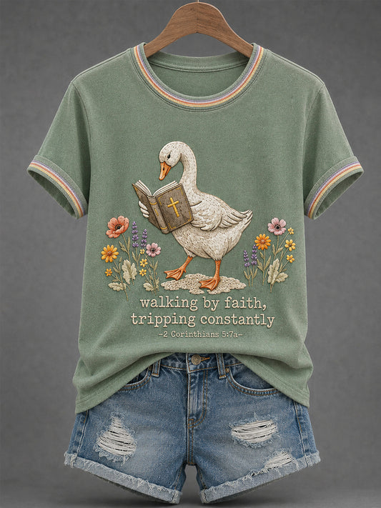 Women's Walking By Faith Tripping Constantly Goose Print Casual Christian Inspirational Tee