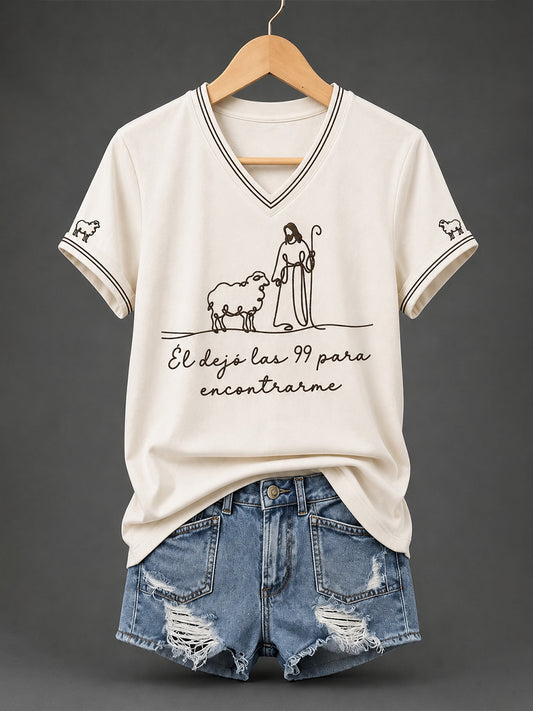 Women's Christian He Left The 99 To Find Me Print Casual V-Neck Tee