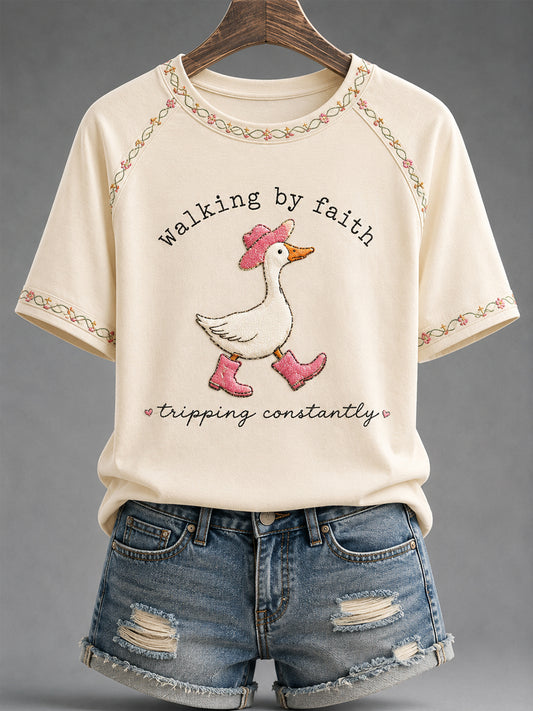 Women's Walking By Faith Tripping Constantly Goose Print Casual Christian Inspirational Tee