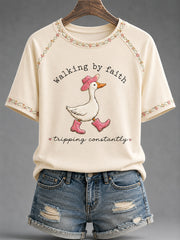 Women's Walking By Faith Tripping Constantly Goose Print Casual Christian Inspirational Tee